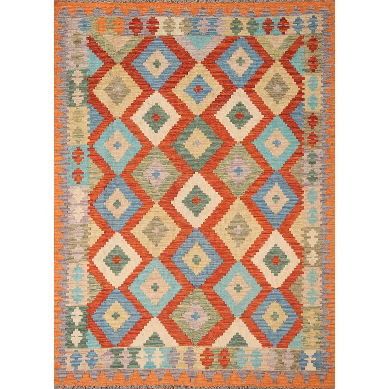 Geometric Kilim Reversible Wool Area Rug 5x6
