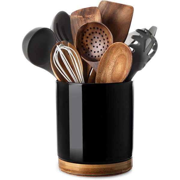 Dark Gray Wine Barrel Design Kitchen Utensil Crock, Wooden Cooking Tool Holder