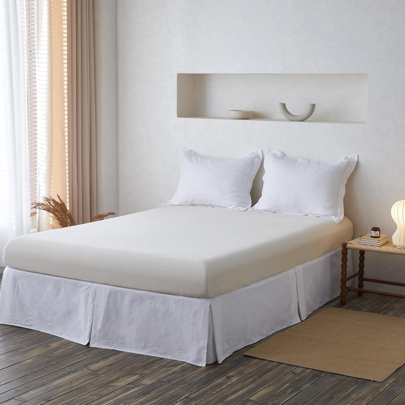French Linen Wrap Around Bed Skirt with Pleated Corner Drop, Queen, White, 14