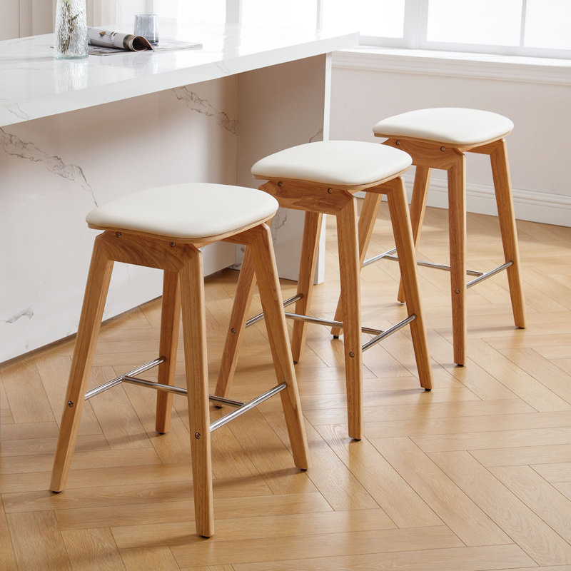 26" Solid Wood Backless Bar Stools, Set of 3 Saddle Counter Height Barstools, Light Brown, 3