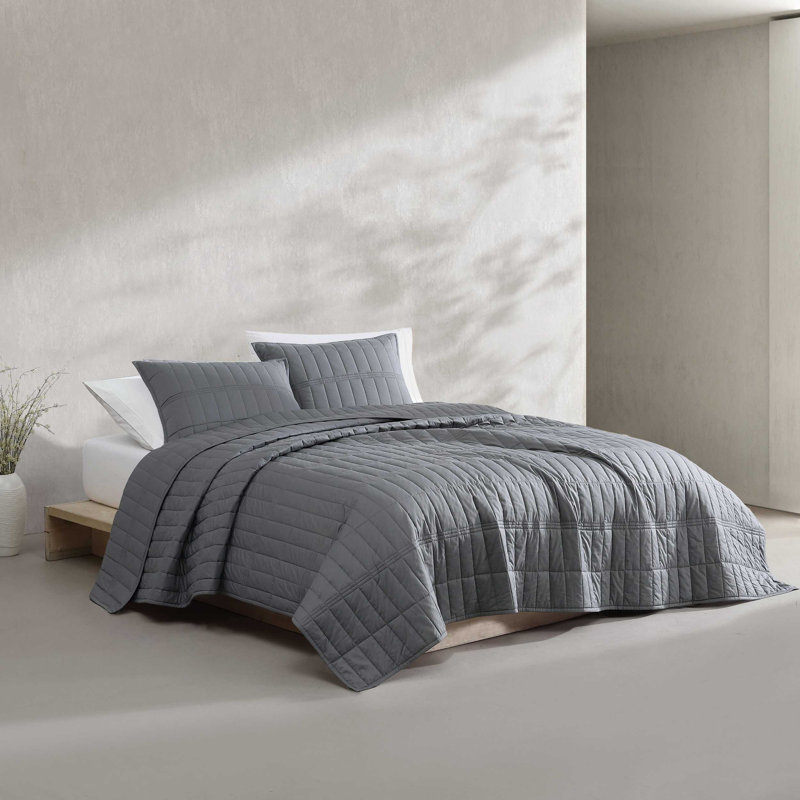 Calvin Klein Washed Percale Cotton Graphite Grey Queen Quilt Set, Gray, Queen Quilt + 2 Standard Pillowcases