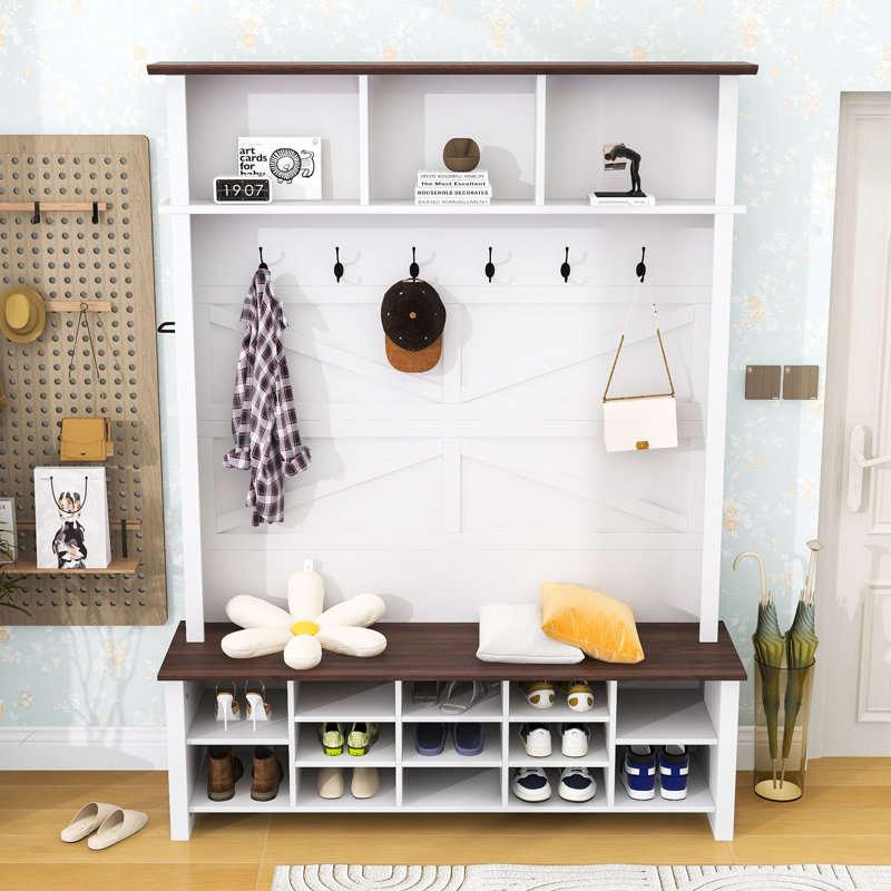 Rustic 4-in-1 Hall Tree with Bench, Shelves, 6 Hooks, Umbrella Rack and Shoe Organizer, White