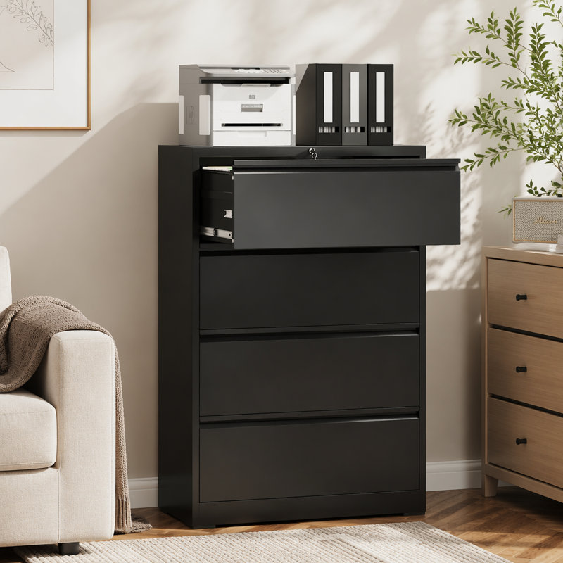 Classeur latéral à 4 tiroirs avec serrure - Grand classeur en métal robuste pour le bureau à domicile, rangement large peu encombrant pour format lettre / légal / A4 / F4, glissières silencieuses à pleine extension