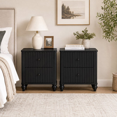 Fluted Nightstand Set of 2, Pinewood MDF Plywood Bedside Table with Drawers, Weight Capacity 120lbs, Vintage Night Stand for Bedroom