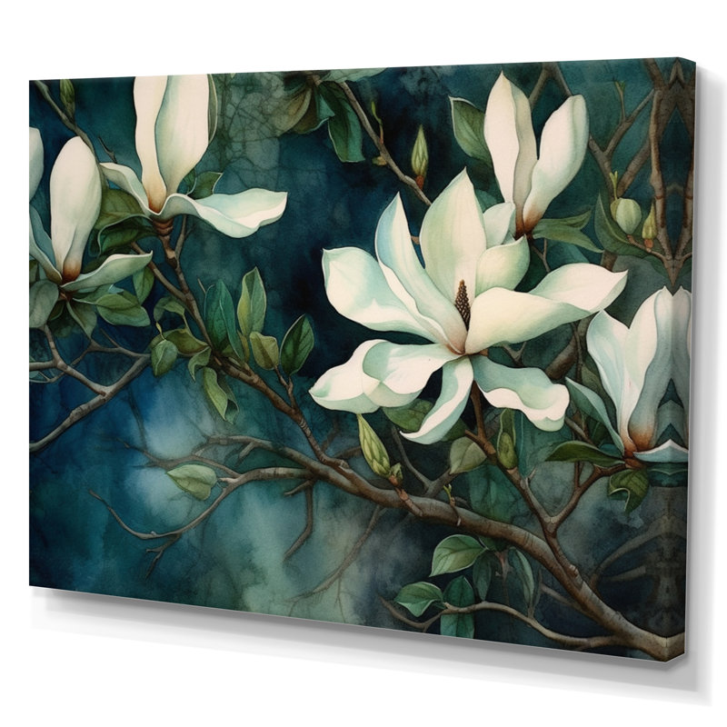 Green White Magnolias Landscape - Floral Wall Art For Living Room, Wrapped Canvas, 30" H x 40" W x 1.5" D