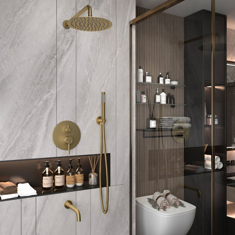 Luxury Wall-Mounted 3-Function Shower System Solid Brass Mixer Valve, 1.8 GPM Flow & Dual Showerheads with Rough-in Valve