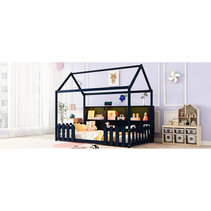 Twin House Bed With Led And Systematic Storage Options - Navy Blue Cozy, Navy Blue