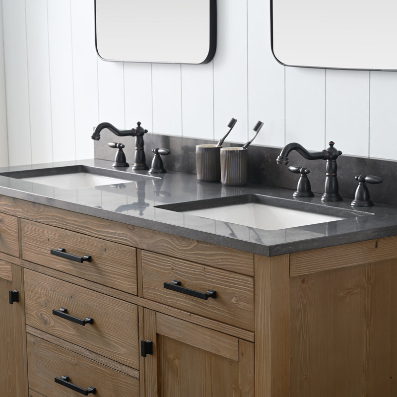 Meuble-lavabo double 60 po Ajiya, Calcaire bleu, Naturel texturé / noir mat