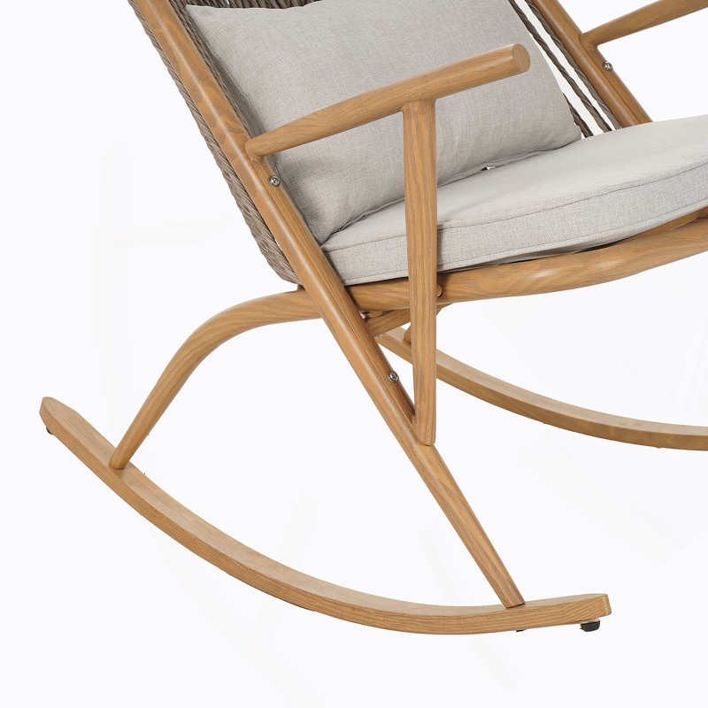 Chaise berçante d'extérieur - Structure en fer robuste au fini érable, dossier en rotin PE gris et coussin gris clair