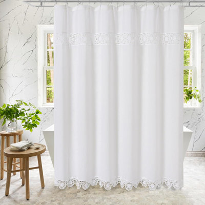 Farmhouse Shower Curtain Set With Macrame Lace Decor, Linen Cotton Fabric Bathroom Curtain With Liner, Modern Country Style