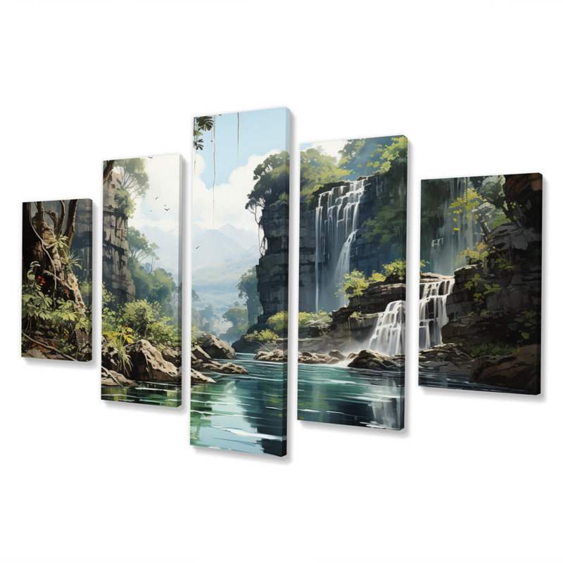 Thailande, cascades cachées, impression sur toile - 5 panneaux