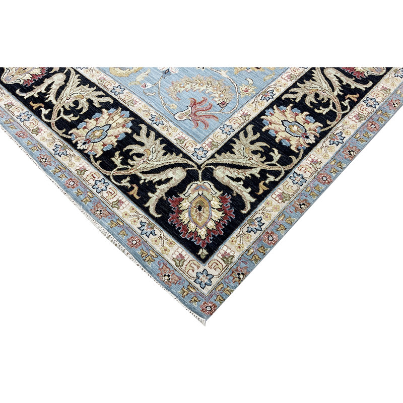 Wool Oriental Area Rug in Light Blue/Black/Red, Rectangle 9' x 12'