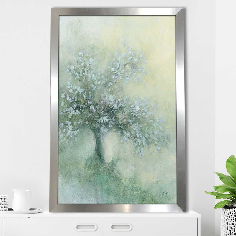 «Subtle Tree I» par Julia Purinton - Peinture, H 39,5 po x l 27,5 po x P 0,75 po, Encadrement argenté