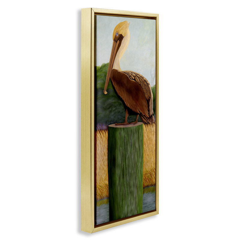 Cadre flottant pélican aux yeux bleus, design par Barbara Fallenbaum, H 25 po x l 11 po, Cadre flottant métallique doré