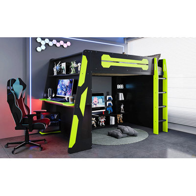 Full Size Wood Loft Bed With Desk, Multi-Storage Shelves And RGB Light