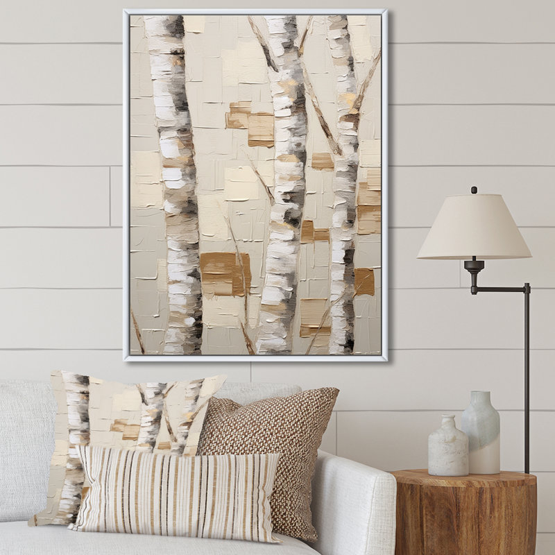 «Beige minimalisme arbre bouleau I» sur toile, H 32 po x l 16 po x P 1 po, Cadre flottant blanc
