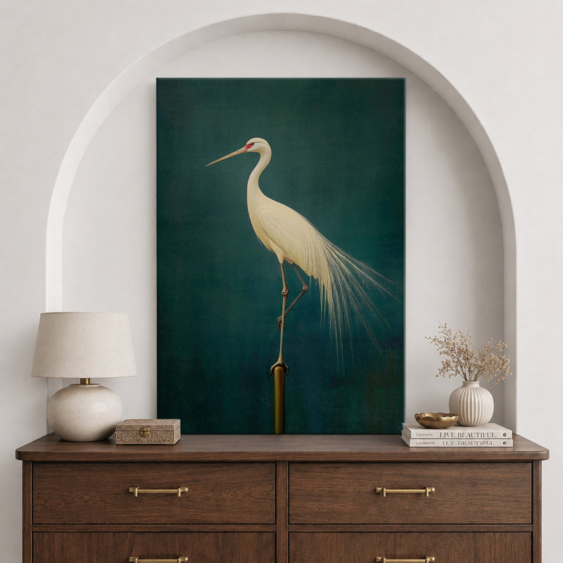 Oiseau aigrette vert rétro, photos de salle de bain rustique moderne, impression sur toile encadrée, H 48 po x l 32 po