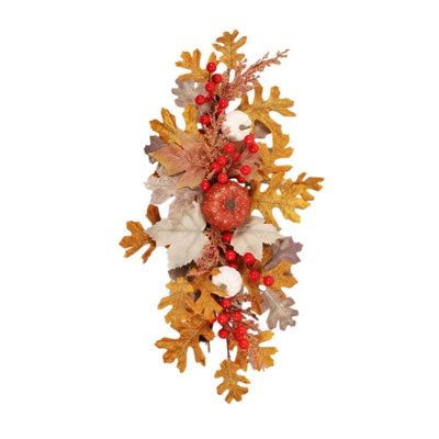 Décoration de porte d'automne en forme de goutte avec citrouilles blanches et oranges, baies rouges et feuilles de chêne, décoration de porte de l'Action de grâce