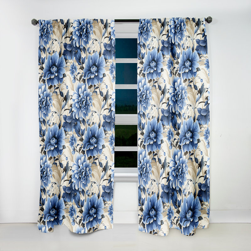 Panneaux de rideaux floraux en filigrane bleu cobalt victorien IV, L 52 po x L 90 po