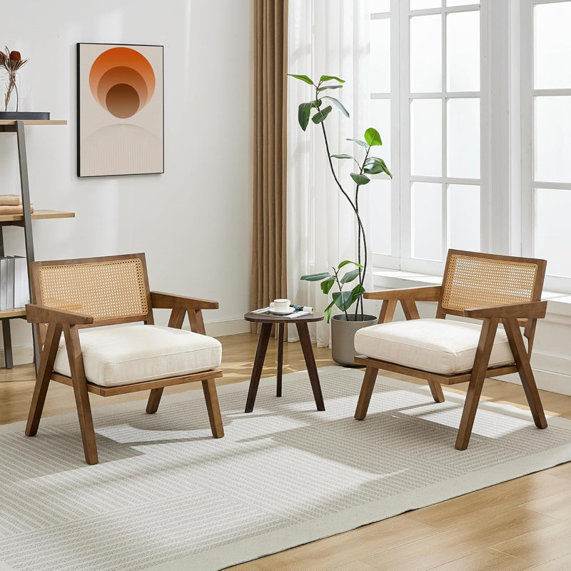 Mid Century Modern Accent Chair, Comfy Living Room Chairs with Sturdy Wood Legs, Rattan Backrest, Beige Linen