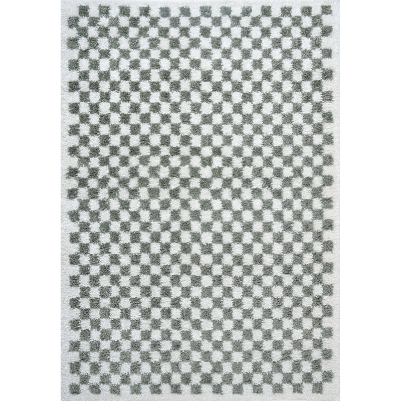 Moodi Modern Shaggy Area Rug Checkered Design, Rectangle 200 x 290 cm, Off-White/Green