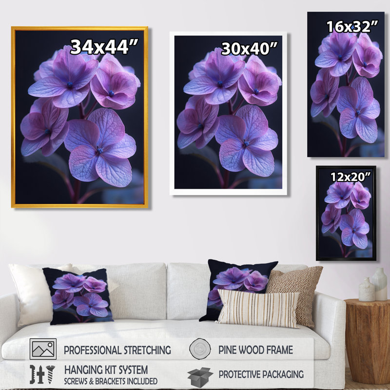 Beauté éthérée, hortensia bleu mauve, photo II - art mural hortensia, H 24 po x l 32 po, Cadre simple noir