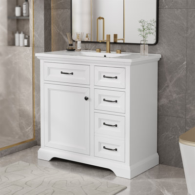 【36 Inch White Bathroom Vanity】– 4 Drawers, 1 Soft-close Door, Ceramic Sink Top With Metal Handles, Pre-drilled For 8-inch Faucet