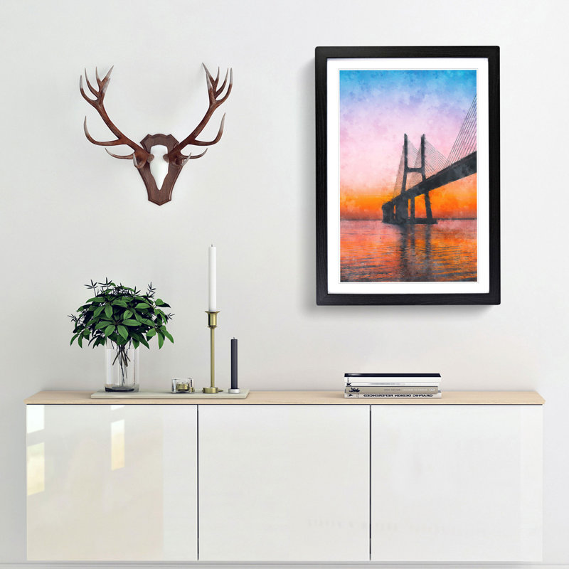 Vasco Da Gama Bridge in Portugal Abstract - Picture Frame Painting Print, 87cm H x 62cm W x 2cm D, Black Framed