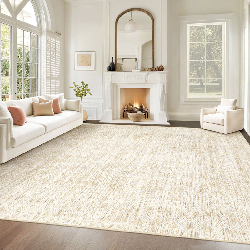 Tapis lavable géométrique marocain LightBrown 10 pi x 14 pi - antidérapant et résistant aux taches, Brun pâle