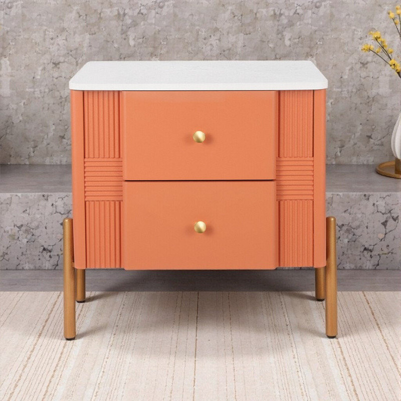 Table de chevet cannelée 22 po avec poignées dorées, table de chevet moderne 2 tiroirs 22 po, Orange