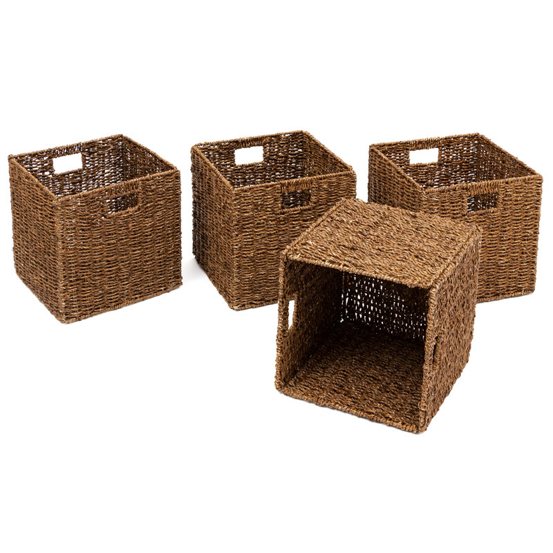 Walnut Brown Foldable Paper Rope Storage Baskets with Iron Frame, Set of 4