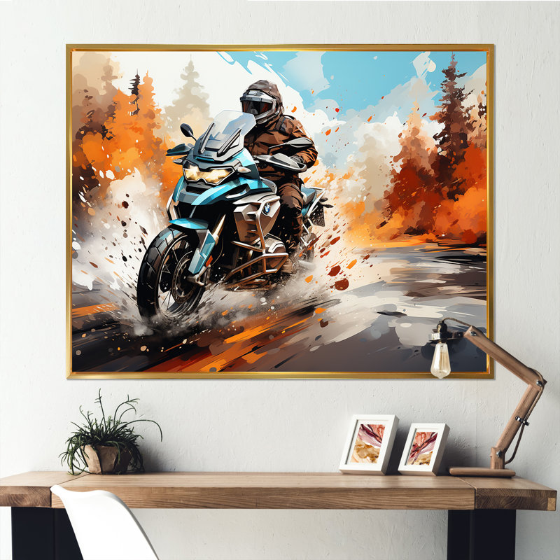 Aquarelle, motocyclette, sentier Speedster, Cadre flottant doré, H 16 po x l 32 po x P 1 po