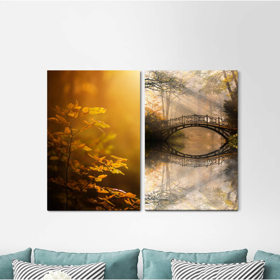 2-tlg. Leinwandbilder-Set - Fotografie „Forest Young Tree Autumn Wooden Bridge Sunbeams Fairytale River”