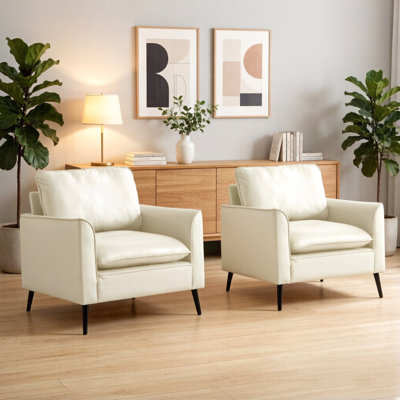 Ensemble de 2 fauteuils d'appoint rembourrés en similicuir blanc crème 2 pièces, fauteuil simple de style Mid-Century moderne pour le balcon du salon