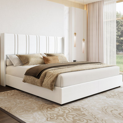 Latitude Run® Linen Upholstered Platform Bed Frame With 4 Storage Drawers And Wingback Headboard, No Box Spring Required, Easy Assembly