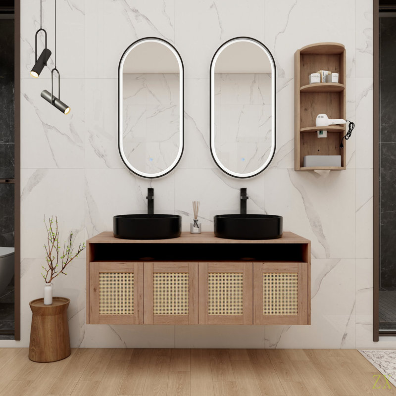 Meuble-lavabo 48 po avec 2 lavabos en céramique et support de rangement, 4 portes à fermeture en douceur, montage flottant, contreplaqué (emballage KD)