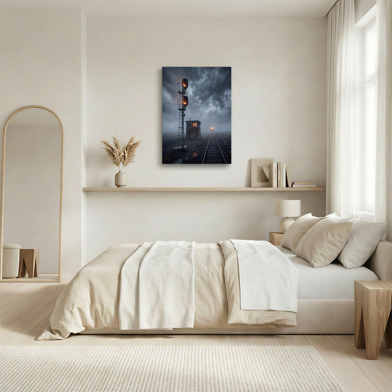 «Illuminated Rail Signal Tower And Signal Box on Foggy Tracks», art mural sur toile, 24"H x 16"W