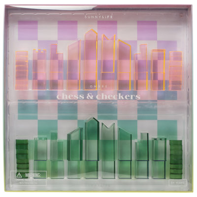 Sunnylife: Lucite Chess & Checkers - Ombre Sherbert - 2 Classic Games In 1, Collectible Display Set, Stylish Translucent Pieces, Pastel Base, 2 Player