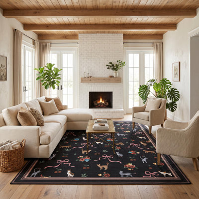Tapis mignon à motif de chat mignon, tapis à poils courts avec envers en TPR pour la chambre à coucher, la salle de bain, la cuisine, le salon