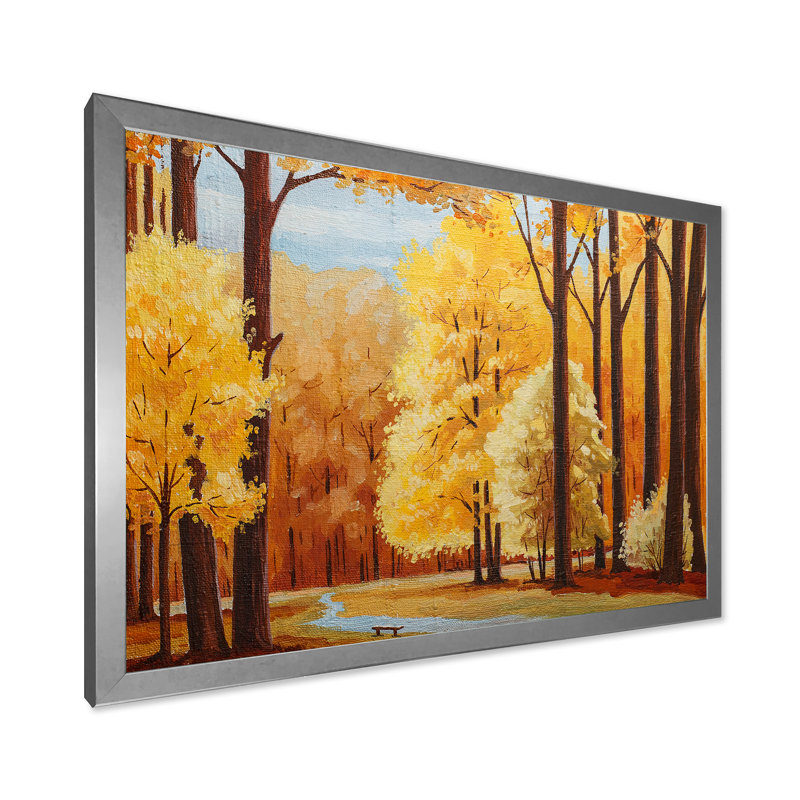 Arbres d'automne orange à l'aube - Peinture sur toile, H 16 po x l 32 po x p 1 po, Cadre photo argenté