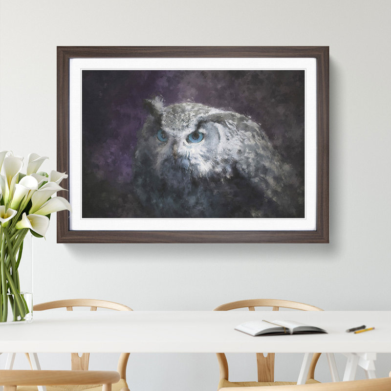 Blue Eyed Eurasian Eagle Owl Painting - Single Picture Frame Print on MDF, 24cm H x 33cm W x 2cm D, Walnut