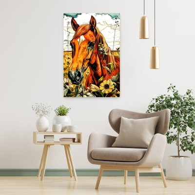 Cheval doré champ abstrait contemporain, art mural paysage de fleur