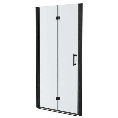 Porte de douche pliante de 34 po x H 72 po en noir mat, faite de verre trempé, écran d'eau pour la prévention, cadre et charnières en acier inoxydable, installation réversible, angle de chevauchement de 180 po, réglable