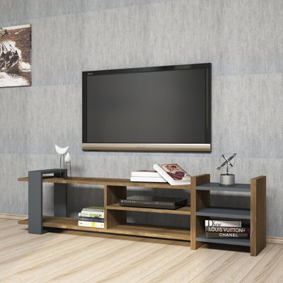 Meuble télé moderne avec nombreuses tablettes, finition noyer et anthracite, 61,4 po x 15,7 po x 15,6 po | 100% panneau de particules enduit de mélamine, épaisseur: 0,7 pouce | Solution de rangement élégante et fonctionnelle pour le salon
