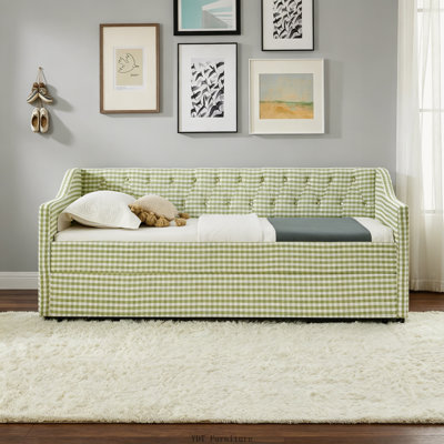 Full Upholstered Convertible Daybed with Tufted Button Backrest, 3-in-1 Sofa Bed with Pull-Out Trundle and Side Storage, Green