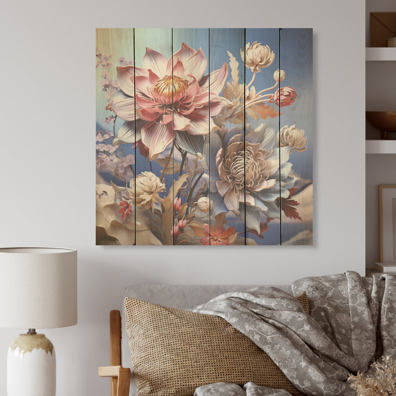 Améthyste teintes Zinnais Garden - panneau de bois Zinnias, art mural sur bois de pin naturel, H 36 po x l 36 po