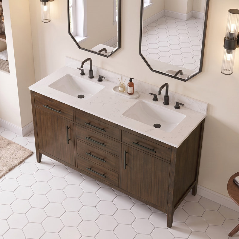 Meuble-lavabo autoportant de 140 cm avec lavabo en céramique et dosseret., Brown