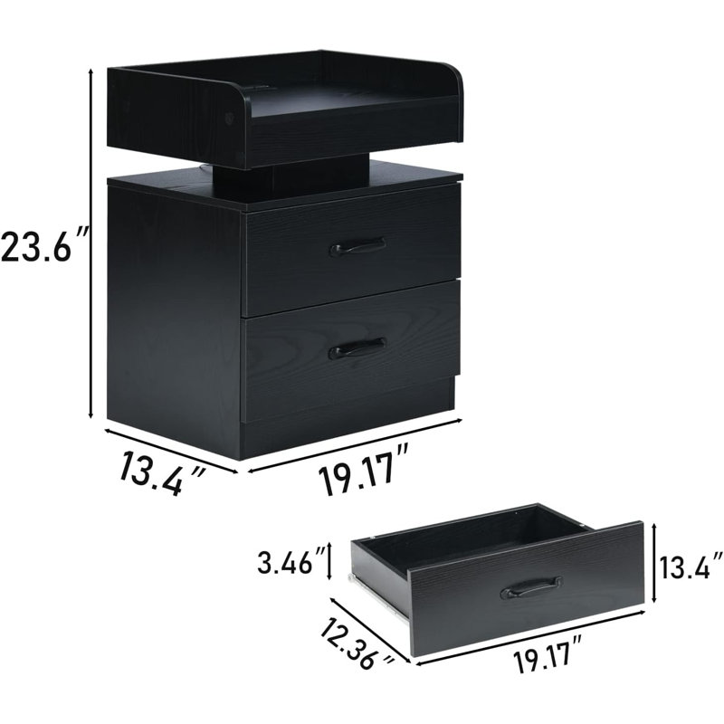 2 - Drawer Nightstand with Charging Station and LED Light,USB Ports and Outlets, Black, Individual