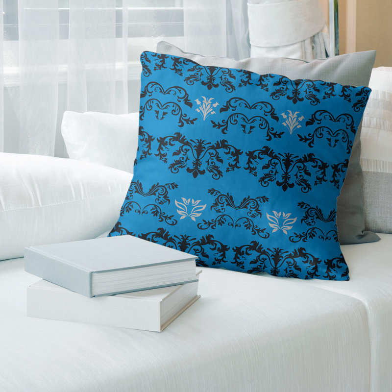 Damask Throw Pillow, Carolina Blue/Black/Silver, 16" x 16"