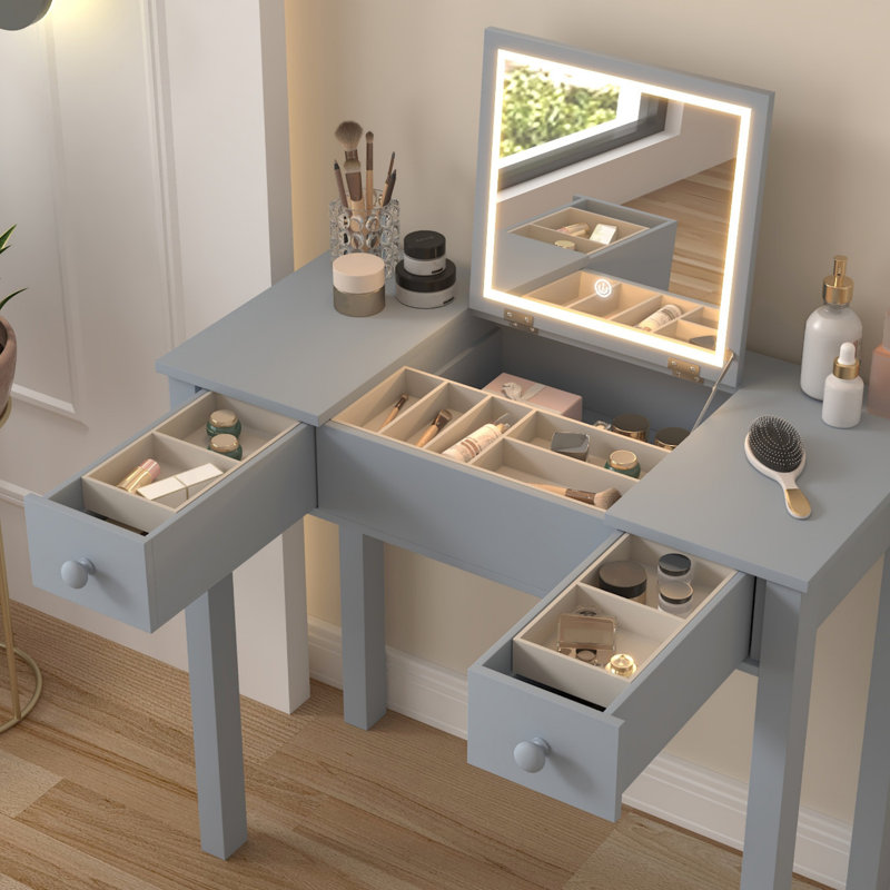 Multifunctional Vanity Desk With 3-Level Adjustable Lighting, Flip-Top Mirror, And Ample Storage For Makeup And Work, Gray